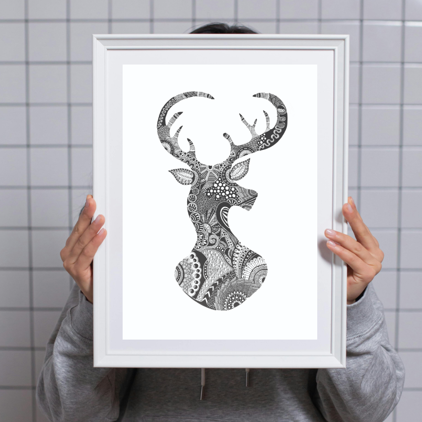 Hand Drawn Deer Doodle Art Limited Edition Prints, A4 size