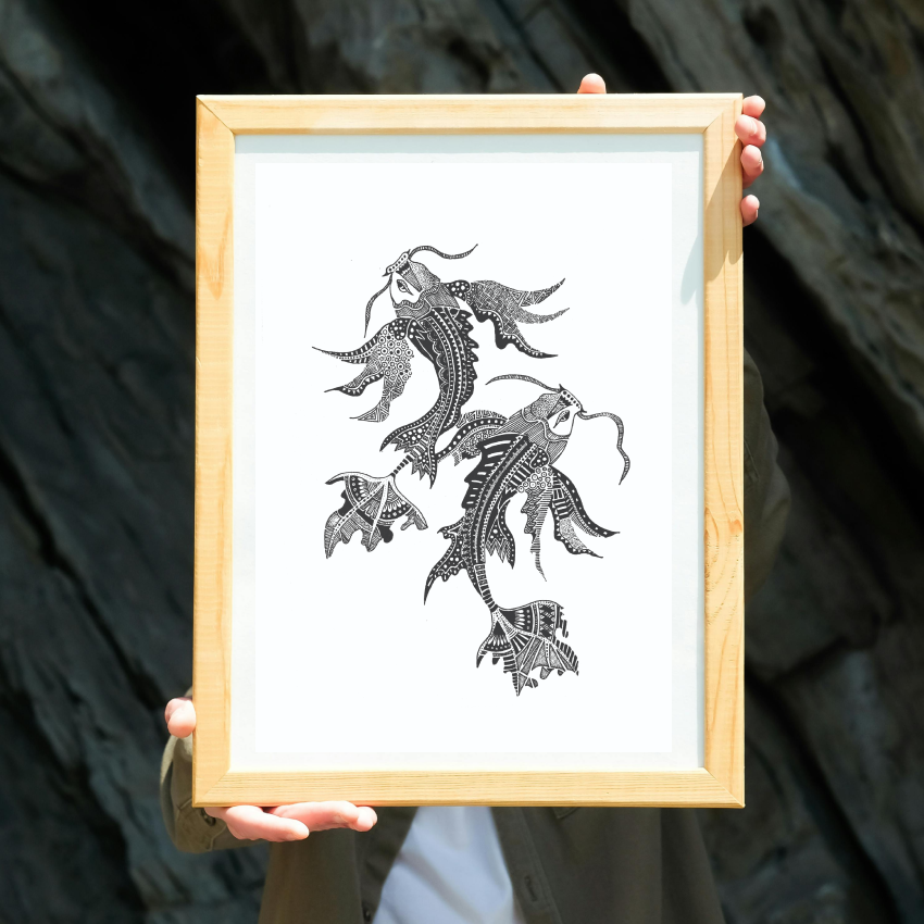 Hand Drawn Lucky Fishes Doodle Art Limited Edition Prints, A4 size