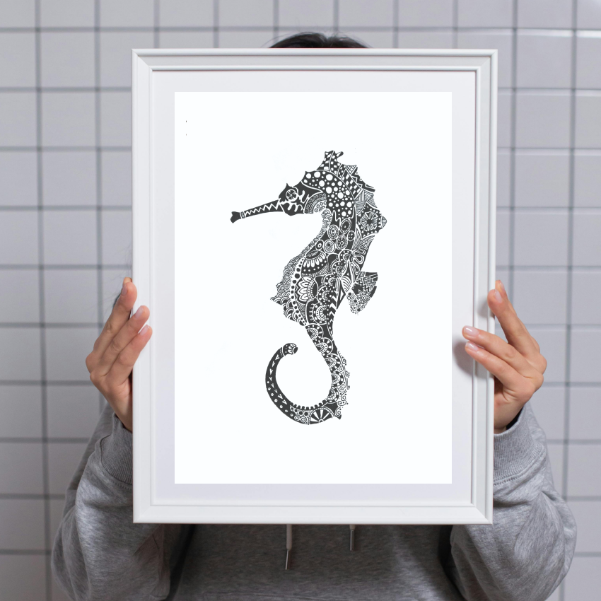 Hand Drawn Sea Horse Doodle Art Limited Edition Prints, A4 size